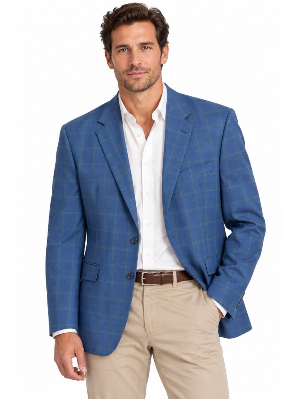 BARONI jacket blazer blue windowpane plaid 50R wool silk business casual